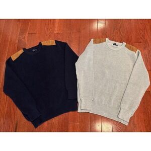 Lot Of 2 J. Crew Woodsmen Navy Gray Ribbed Crewneck Sweater Shoulder Patch Sz L
